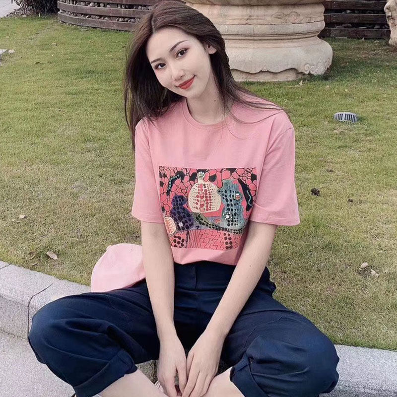 Counter brother's new women's clothing 2022 summer all-match pink loose printing diamond-studded short-sleeved T-shirt women
