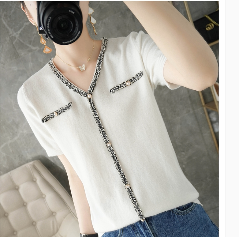 Brother's new women's clothing store official website 2022 Summer Summer Summer Pearl Close T - shirt weaving