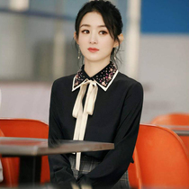 Sigodi Sitti new shirt 2021 autumn dress star with bow lace-up diamond chiffon long sleeve shirt