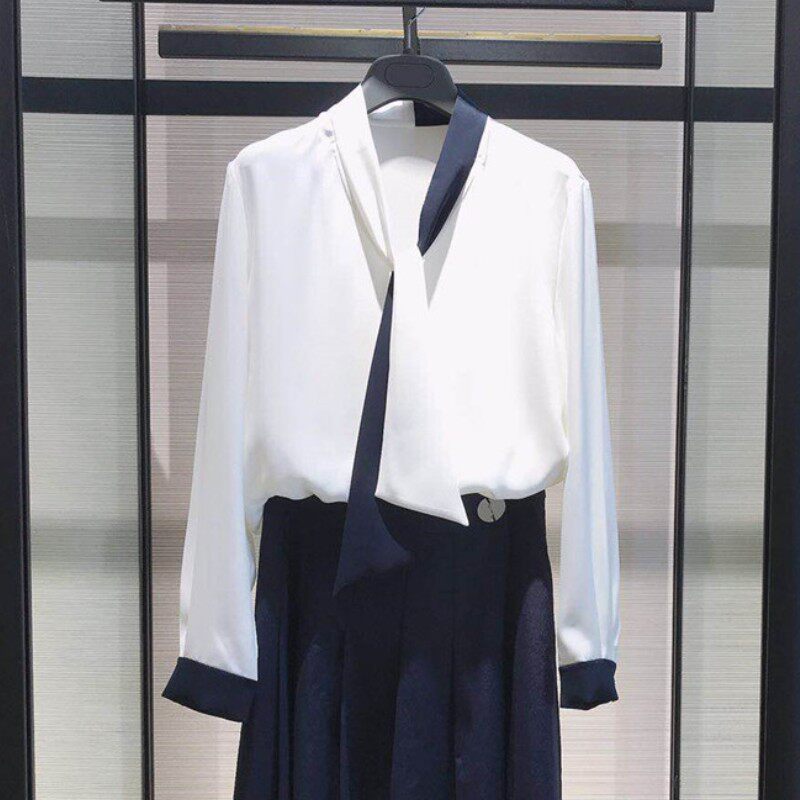 Pingbro - Xinhua women's clothing 2023 specialist in spring fashion temperament black and white colour belt long - sleeved shirt