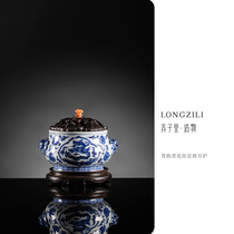 Qingzhuo hand-painted blue and white imitation Xuan animal ear stove in the alley diameter 8 3cm with wooden cover and base household ceramic incense burner
