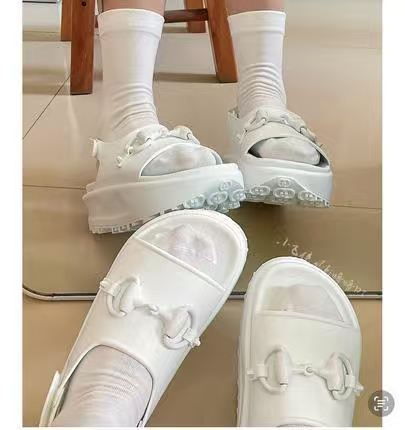 Gu*Cci Gucci Thick-Soled Horsebit Sandals, One Half Size Larger, White/Lilac, Size 37, Fits 37/37.5 Feet