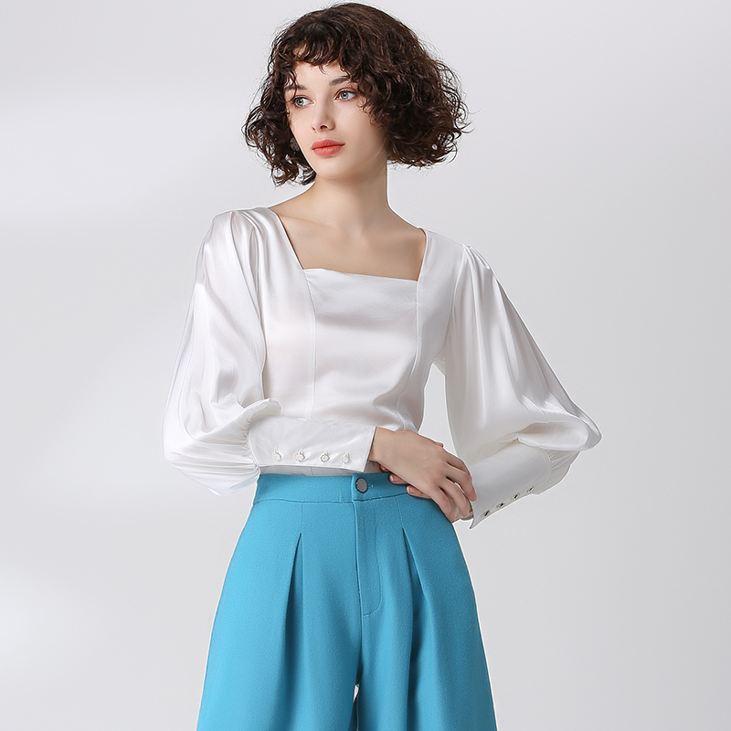 Women's Clothing 2026 Spring New Heavy Silk Lantern Sleeve White Square Neck Slim Multi-Pleated Mulberry Silk Shirt Long Sleeve