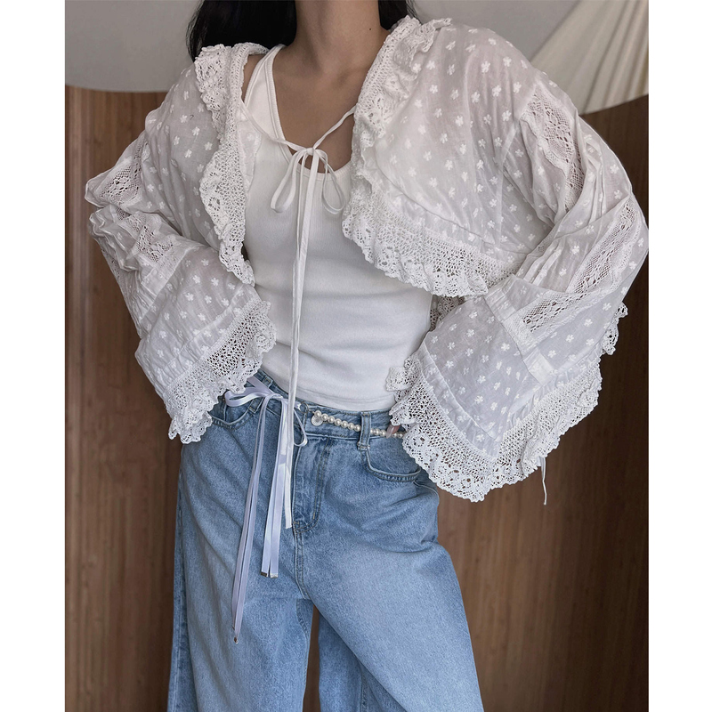 Korean Dongdaemun Women's 2026 Spring Lace Hollow-Out Floral Bell-Sleeve Fairy-Like Loose Short Long-Sleeve Shirt Blouse