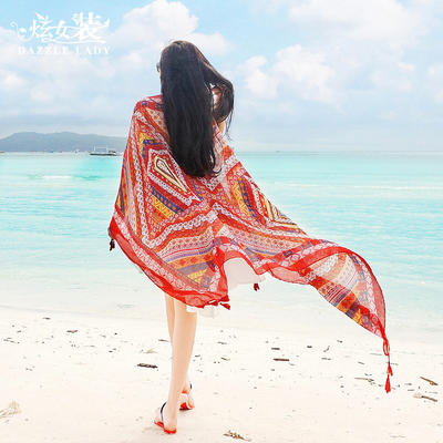 2026 Artistic retro Ethnic style printed shawl, oversized sun protection travel photo scarf, fringed beach scarf for spring and Summer