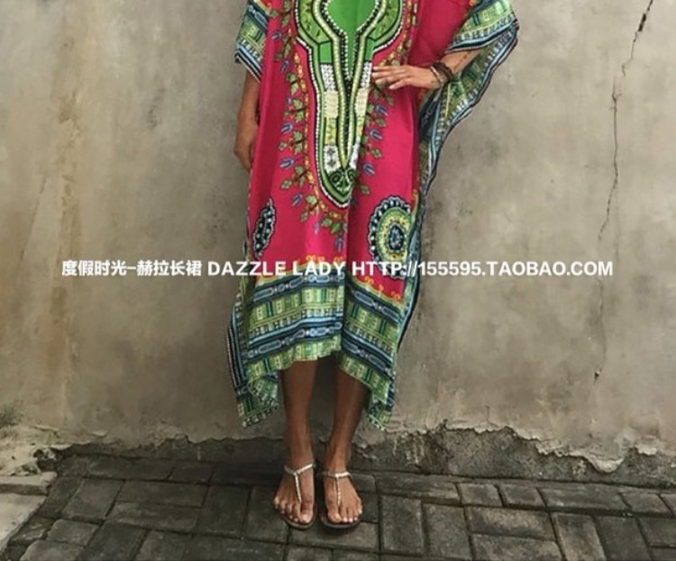 Phong cách dân tộc mới in váy mùa hè boho đầm rộng kích thước lỏng lẻo bên bờ biển kỳ nghỉ bãi biển váy đầm dài đi biển