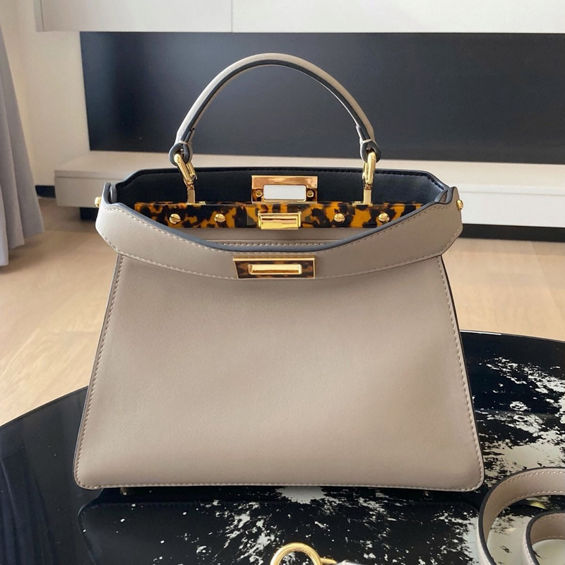 Original Cowhide Peekaboo Iseeu Dove Gray Tortoiseshell Kitten Bag Accordion Style Single Shoulder Crossbody Handbag for Women