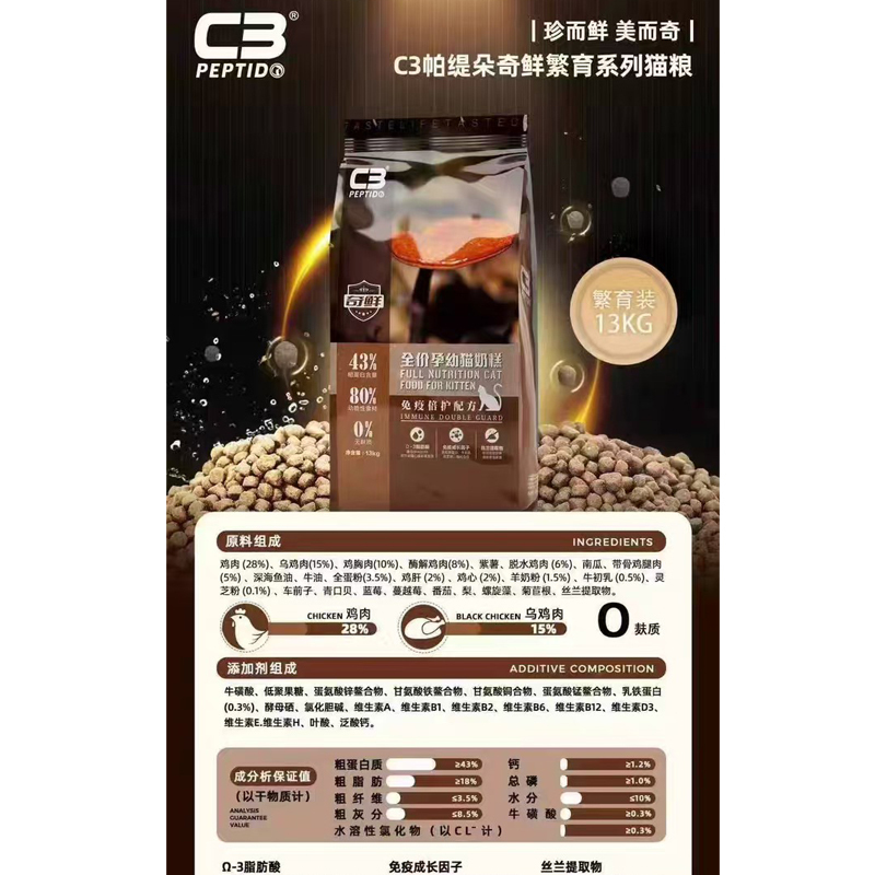 C3 Patido Cat Food Fresh Meat Grain-Free Breeding Series Complete Nutrition for All Stages, Suitable for Kittens and Adult Cats