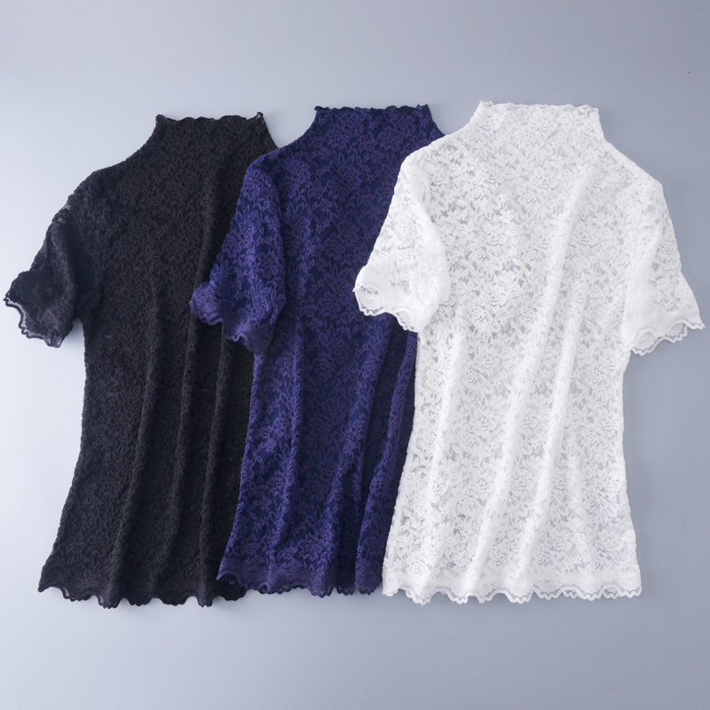 Spring and Summer Korean Style Half-High Collar Slim-Fit Short-Sleeve Lace Top Short Blouse Base Shirt for Women Hollow Mesh Shirt Versatile Trendy Spring and Summer Korean Style Half-High Collar Slim-Fit Short-Sleeve Lace Top Short Blouse Base Shirt for Women Hollow Mesh Shirt Versatile Trendy