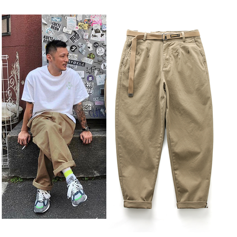 Shawn Yue Trendy Brand Pants for Men, Japanese Retro Washed Pure Cotton Cropped Pants ins Loose Straight-Leg Harem Pants