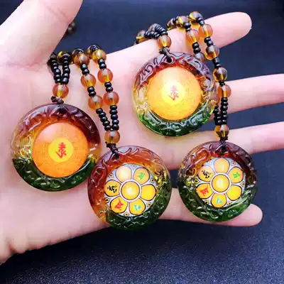 Body protection Six-character truth pendant Three-color glass necklace Solid door rotating carved pendant Fate Shurangama mantra Buddha Statue