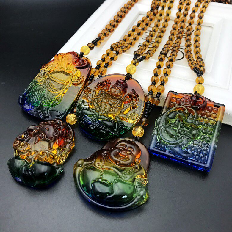 New glass color crystal auspicious wishful wish necklace Guan Gong Buddha pendant Pixiu color stone wild sweater chain jewelry