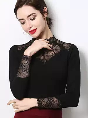 Lace base shirt stand neck black plus velvet interior top 2021 Autumn half high collar Joker Hollow shirt long sleeve