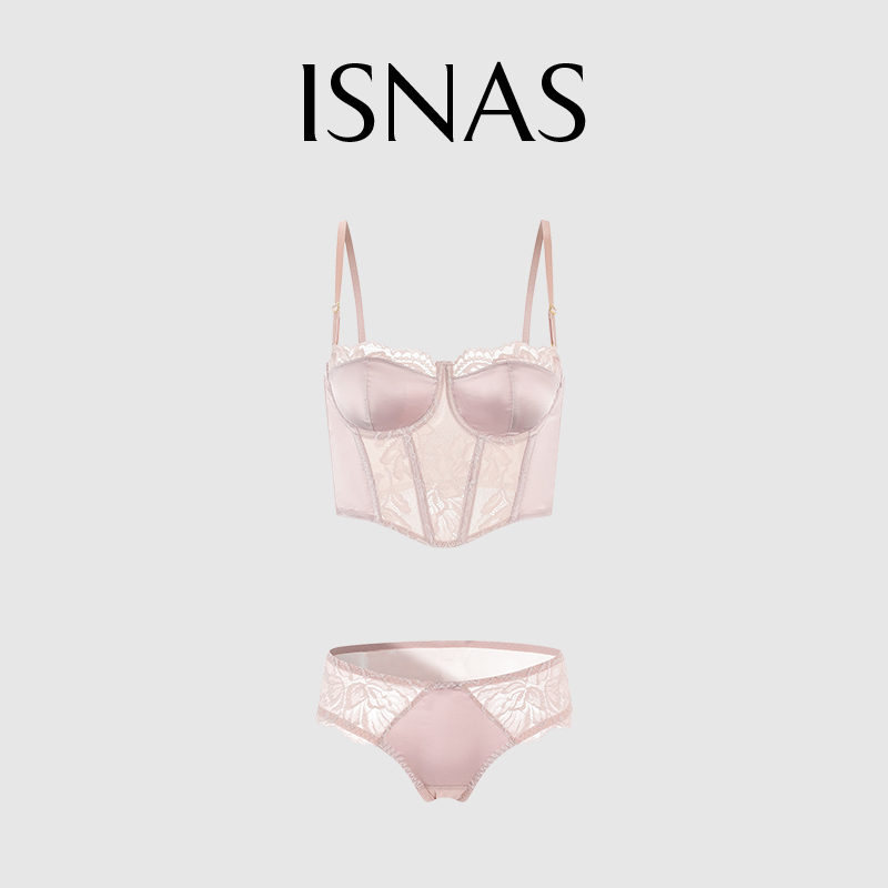 French Isnas Sexy Sheer Push-Up Lingerie Set Lace Long Fishbone Bra for Large Busts That Makes Them Look Smaller