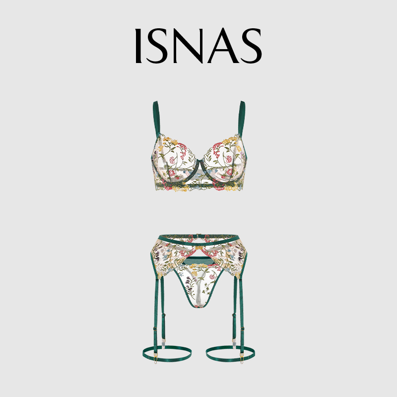French Isnas Sexy Pastoral Floral Bra, Garter Belt, Thong with Leg Rings, Three-Piece Lingerie Set for Women