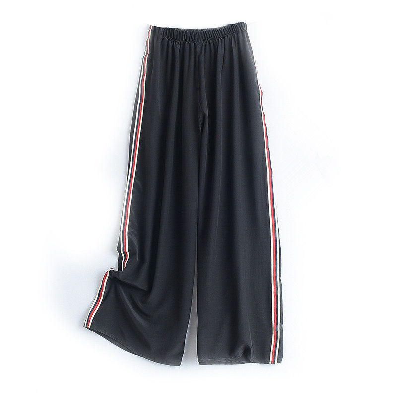 Silk wide-leg pants new women's loose and thin student side striped pure black sports pants silk simple casual trousers