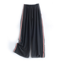 Silk wide leg pants new female loose thin student side stripes pure black sports pants silk simple casual trousers