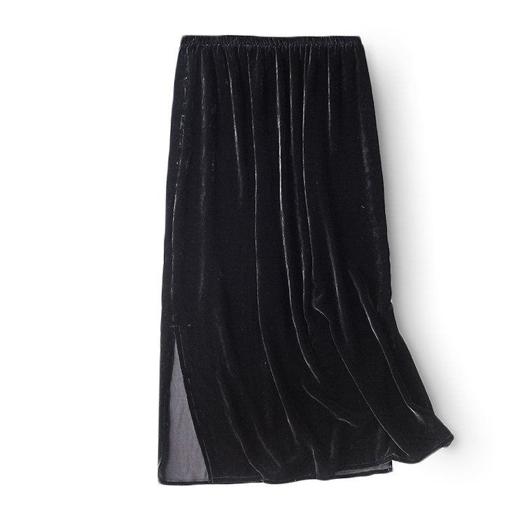 Silk velvet skirt autumn and winter new women's slit skirt skirt mulberry silk gold velvet slimming little black dress