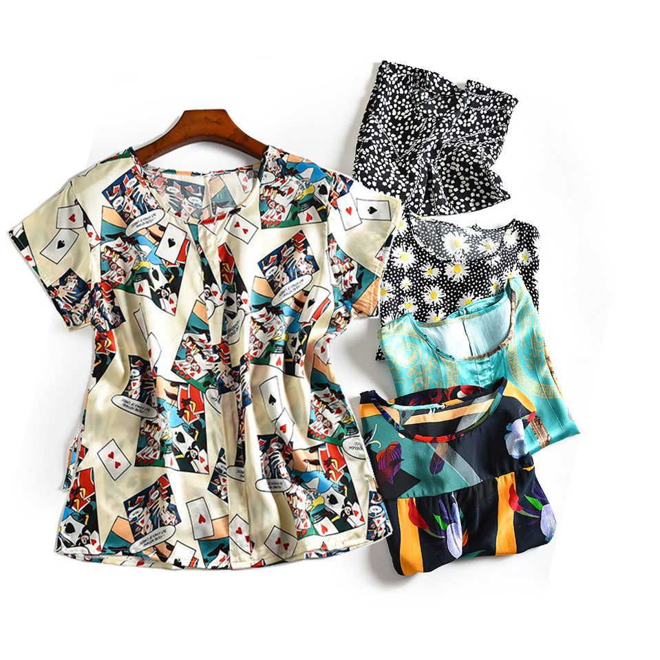 Answer sheet Genuine Silk Girl Blouse New Pint Summer Short Sleeve Round Neckline Blouse Double Crepe Mulberry Silk Loose Brief to hit bottom T-shirt