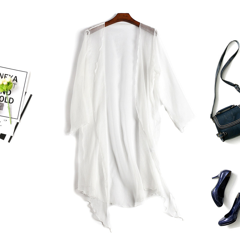 True silk sunscreen woman summer medium long version of mulberry silk external Beatle white exterior lapped shawl thin coat with large size