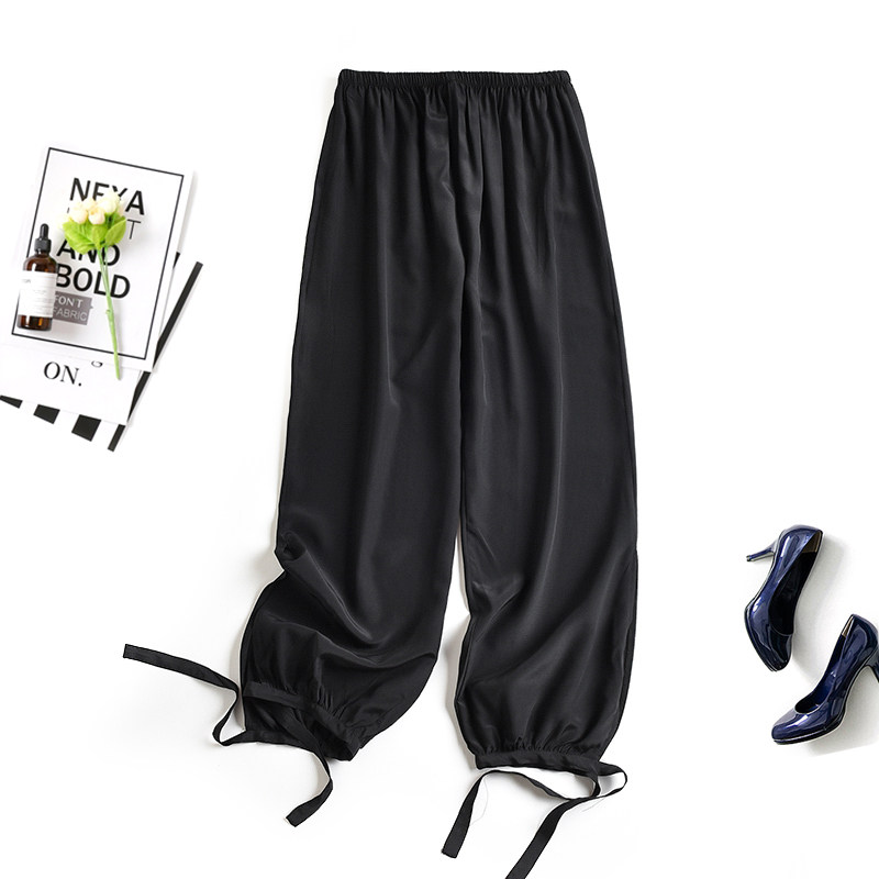 Real silk trousers 2022 new pint pure black women's summer Harun pants mulberry silk breathable open fork Han version pants slim fit