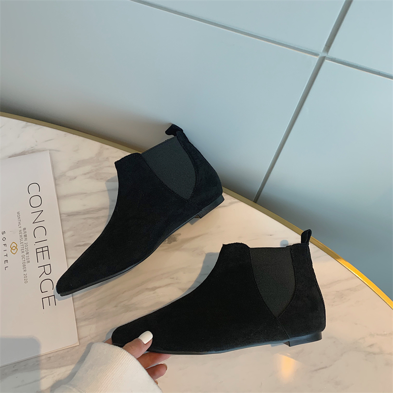 Spring and Autumn New Style Pointed Toe British Chelsea Ankle Boots for Women, Winter Suede Single Boots, Flat Slimming Bare Boots, Fleece-Lined Ankle Boots