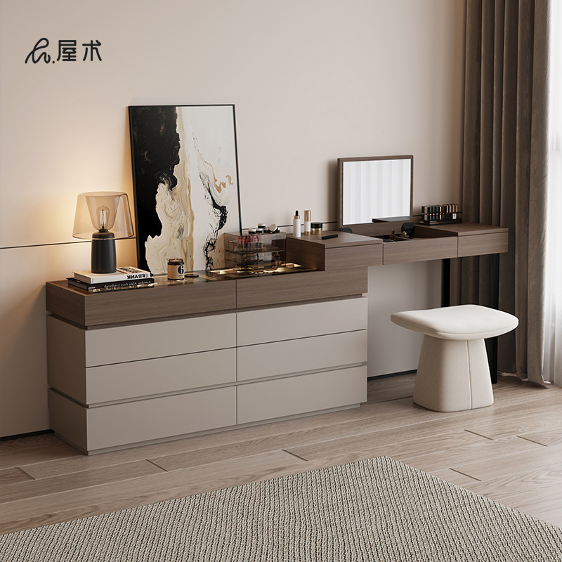 Italian-Style Minimalist Small Desk with Integrated Flip-Top Vanity and Drawer Cabinet, Suitable for Bedroom End-Of-Bed Use, Extendable Makeup Table