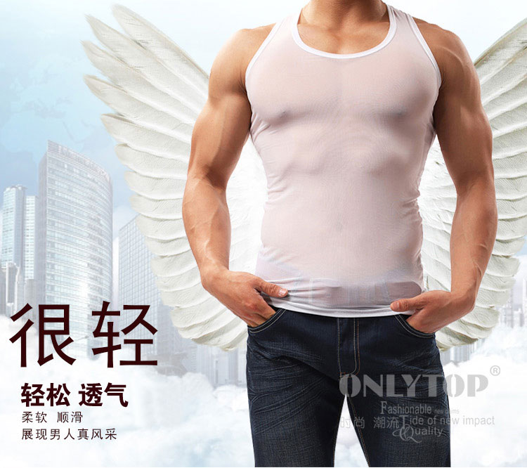 Lưới trong suốt vest T-Shirt nam băng lụa thoáng khí slashing cắt vai không tay áo mùa hè phần mỏng áo sơ mi nam