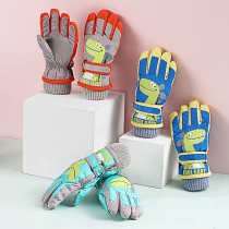 Winter play with snow plus velvet thickened middle and big childrens warm windproof waterproof non-slip outdoor cotton cute cartoon ski gloves