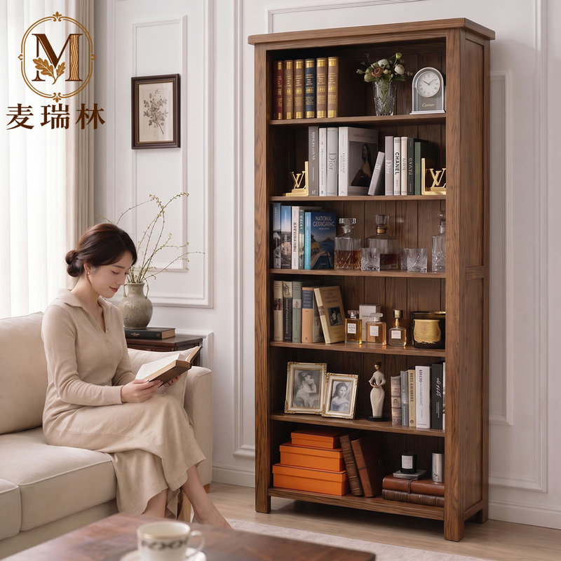 All Solid Wood American-Style Simple Bookcase Oak Home Living Room Full Wall Storage Narrow Bookshelf Student Study Wooden Bookcase
