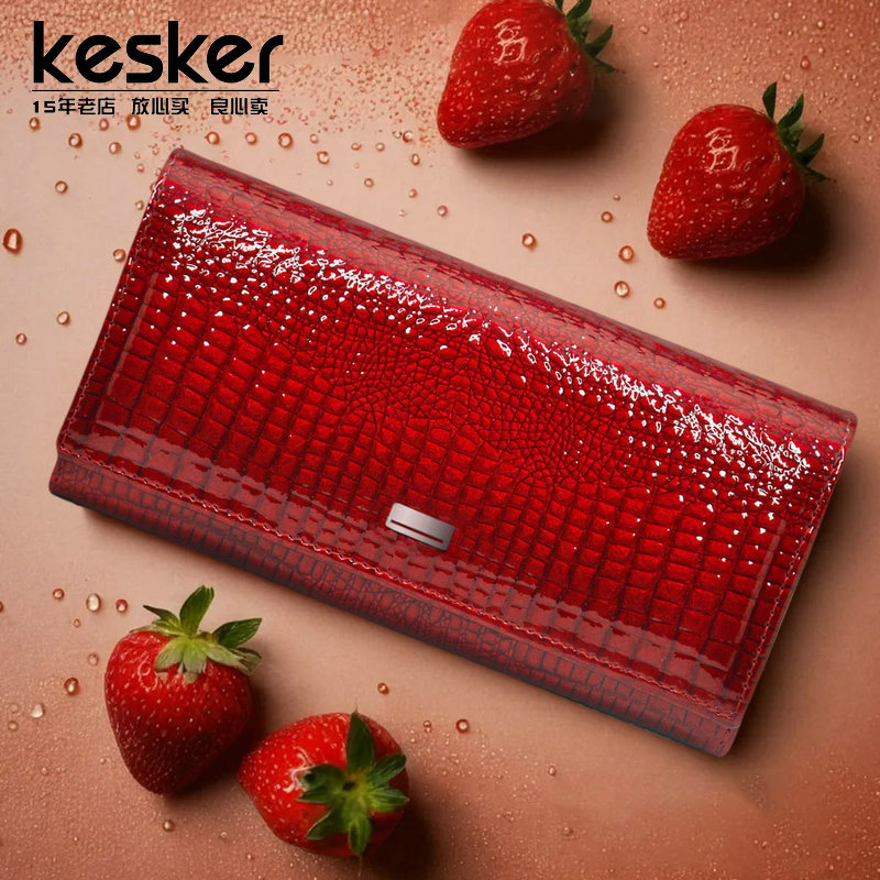 Kesker Fashion Genuine Leather Crocodile Pattern Clutch Bag for Women Red Shiny Leather Multi-Card Slot Patent Leather Bag Wallet for Women