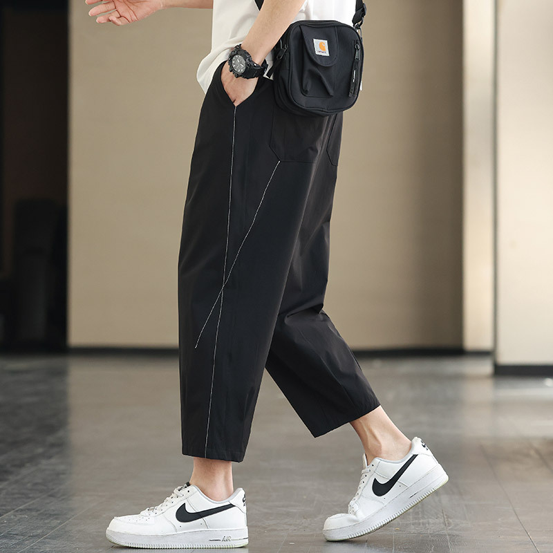 Men's Loose-Fitting Ice Silk Cropped Pants for Short Men, Summer Thin Style, Height-Enhancing