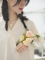 Hua Ji Y1198 niche sloping placket navy collar long-sleeved shirt pure cotton small loose women shirt 0114