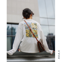 Flower Ji A715 white polished oil painting printed letter long sleeve cotton T-shirt women 2021 new cotton shirt