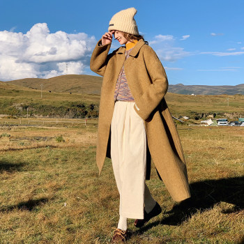 花吉B868驼黄色羊毛长款翻领双面毛呢女2025新款秋冬直筒宽松大衣