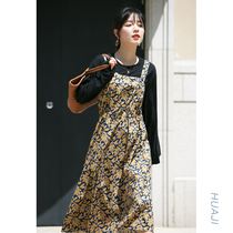 Flower gig Q156 yellow leaves printed full cotton retro collection waist hanging band dress small early spring harnesses one-piece dress