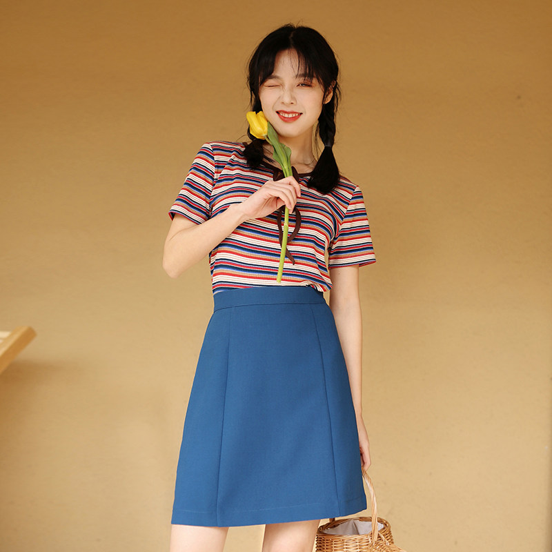 Hua Ji Q080 Blue Skirt Skirt Women's Summer Skinny Skinny Small A- line Skirt High Waist 2021 New A- line