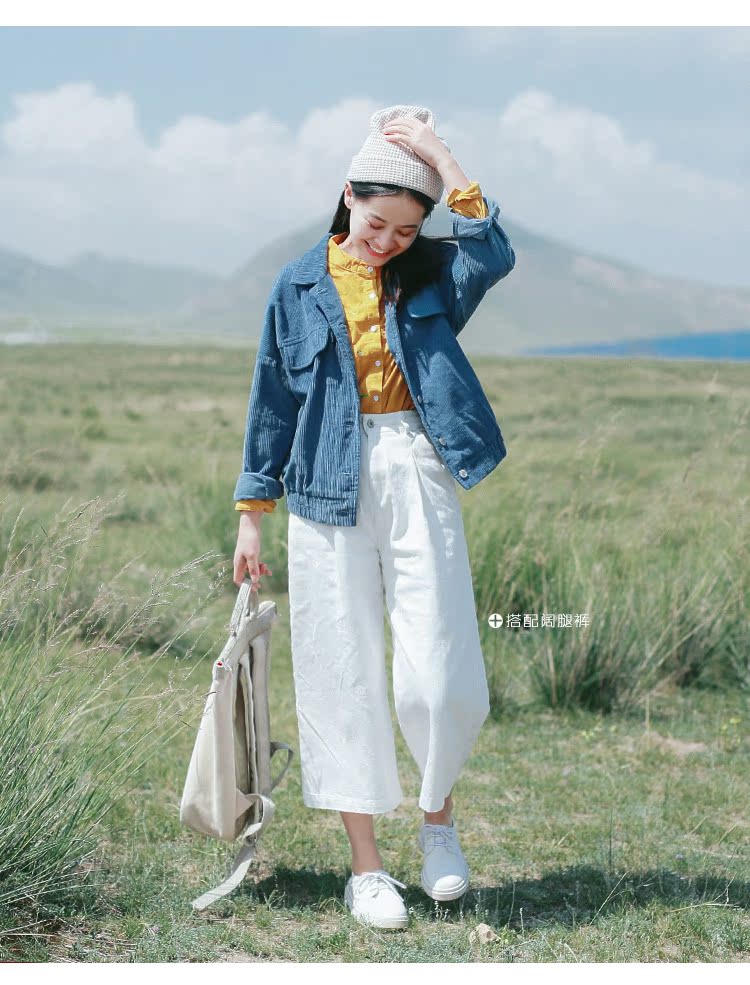 Huaji Y463 văn học retro nhung kẻ ngắn áo khoác nữ nhỏ màu trắng giản dị hàng đầu gió lười 0822 áo dạ nữ
