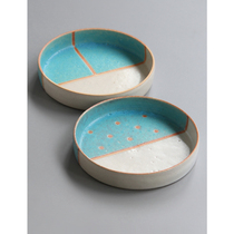 Spot Japanese imported pottery writer タ ケ hand made rough pottery blue glaze 19cm standing along flat chassis Basin
