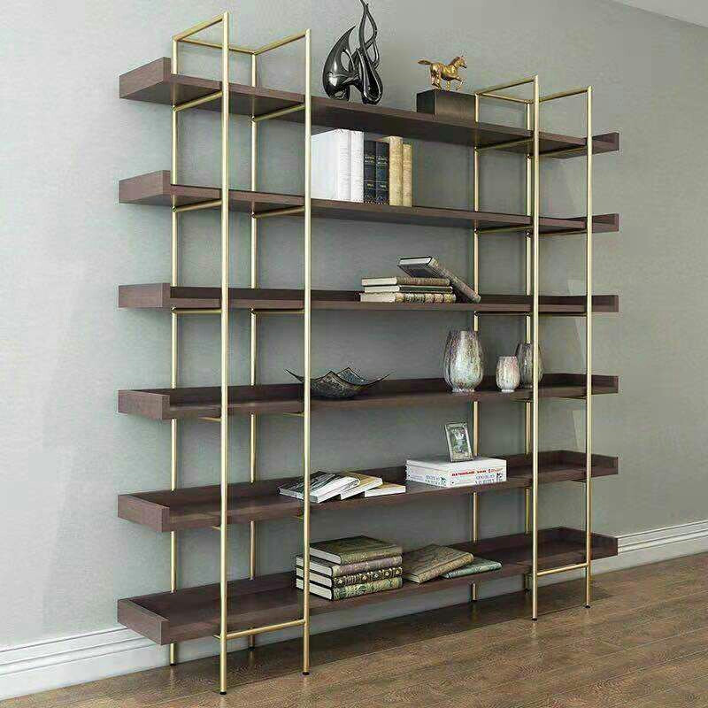 Nordic gold shelf Floor-to-ceiling living room Metal bookshelf Multi-layer solid wood storage bookcase partition display shelf