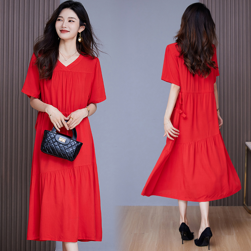 Plus Size Women's 120kg Summer Short-Sleeved Dress, Extra Large Size for Fat Women, Stylish and Loose, Slimming Effect for 220-230