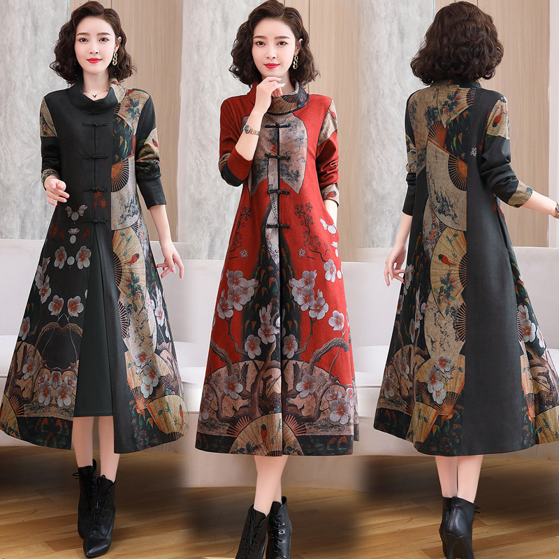 Plus-Size Autumn and Winter Dress for Middle-Aged Mothers, Suitable for 200-220 Pounds, Tummy-Covering, Fleece-Lined Dress