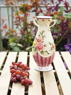 Double-eared ceramic high vase European flower vase study home living room countertop table decoration relief Rose