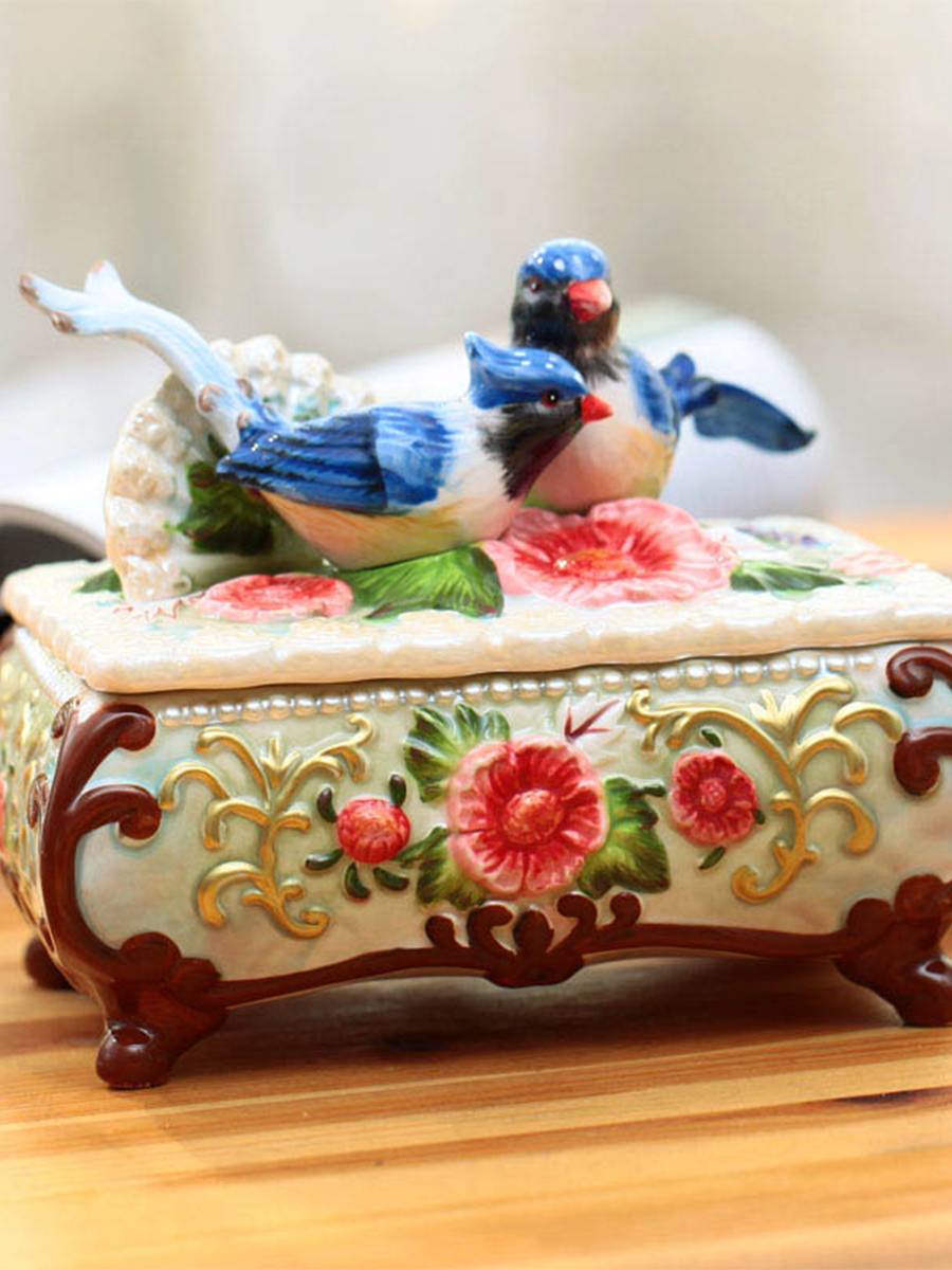 Blue phoenix peach flower Ceramic jewelry box Storage box Change box sundries box Festive home decorations Art ornaments
