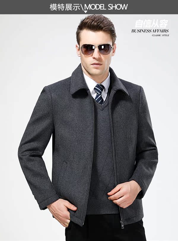 Áo khoác len nam trung niên cashmere áo khoác len ngắn cho cha trung niên đầy bùn vào mùa thu và mùa đông cộng với nhung dày áo khoác cặp