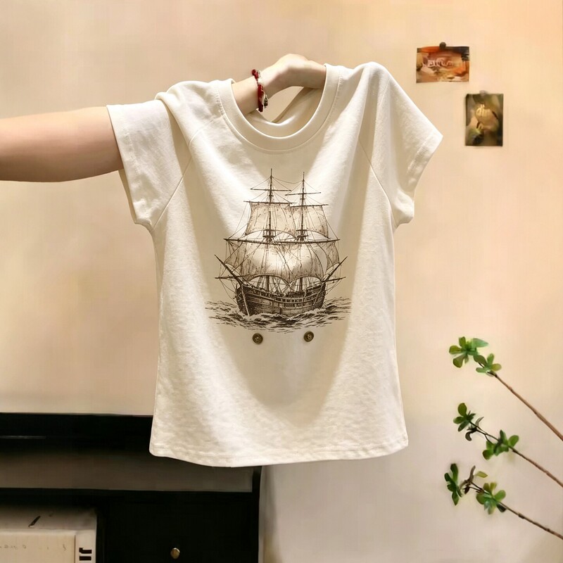 Shenzhen Nanyou Big-Name Women's Clothing Vintage Sailboat Print Raglan Short-Sleeve T-Shirt with Double-Button Embellishment at the Hem American-Style Top Shenzhen Nanyou Big-Name Women's Clothing Vintage Sailboat Print Raglan Short-Sleeve T-Shirt with Double-Button Embellishment at the Hem American-Style Top