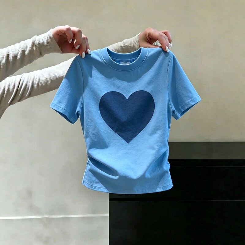 Shenzhen Nanyou Big Brand Women's Clothing ~ Blue Heart Simple 2026 Summer Loose Versatile Short-Sleeve T-Shirt Fashion Top