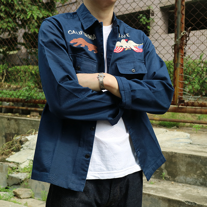 美式復古刺繡工裝夾克日式橫須賀長袖翻領襯衫潮流男女款