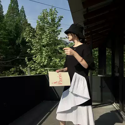 EKOOL hem irregular stitching split loose dress women's summer mid-length version of thin short-sleeved t-shirt skirt