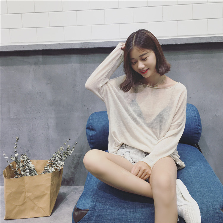 天天特价EKOOL长袖宽松薄针织衫早春简约洋气透视女防晒衣打底衫E